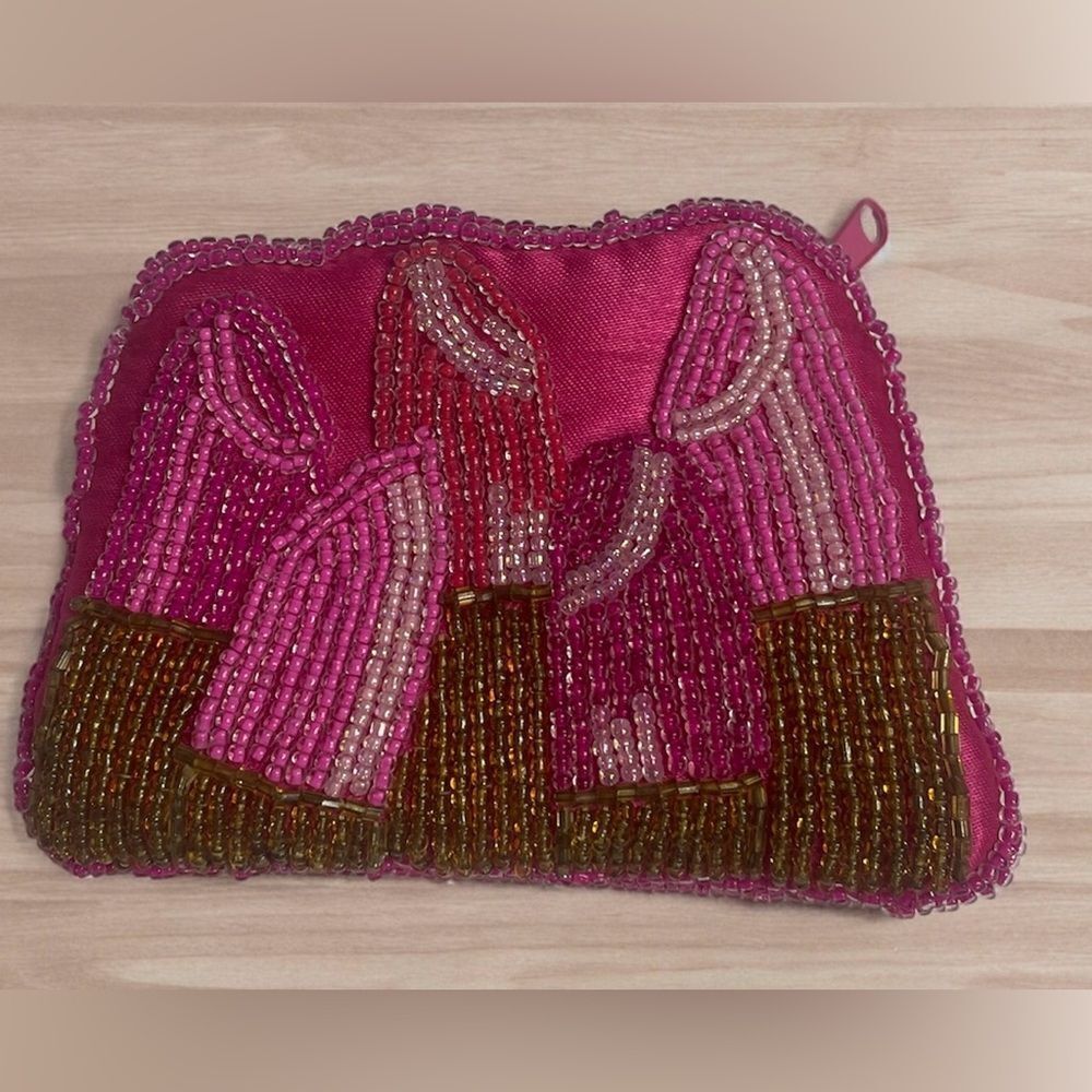 Mary Kay coin purse, pink red and gold dead beads embellished, zipper top